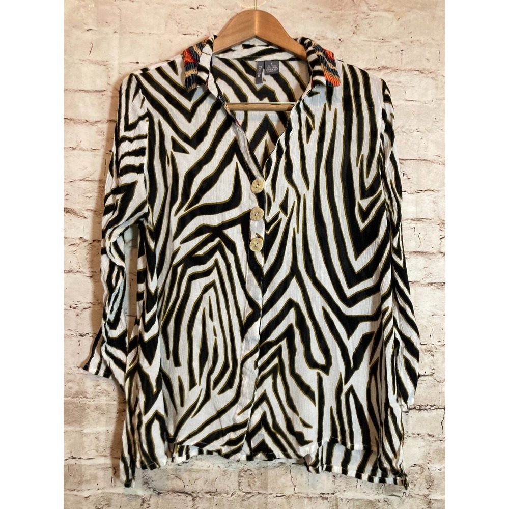 ANU Artsy Top Womens Large Zebra Print Button Front Art To Wear Mixed Print